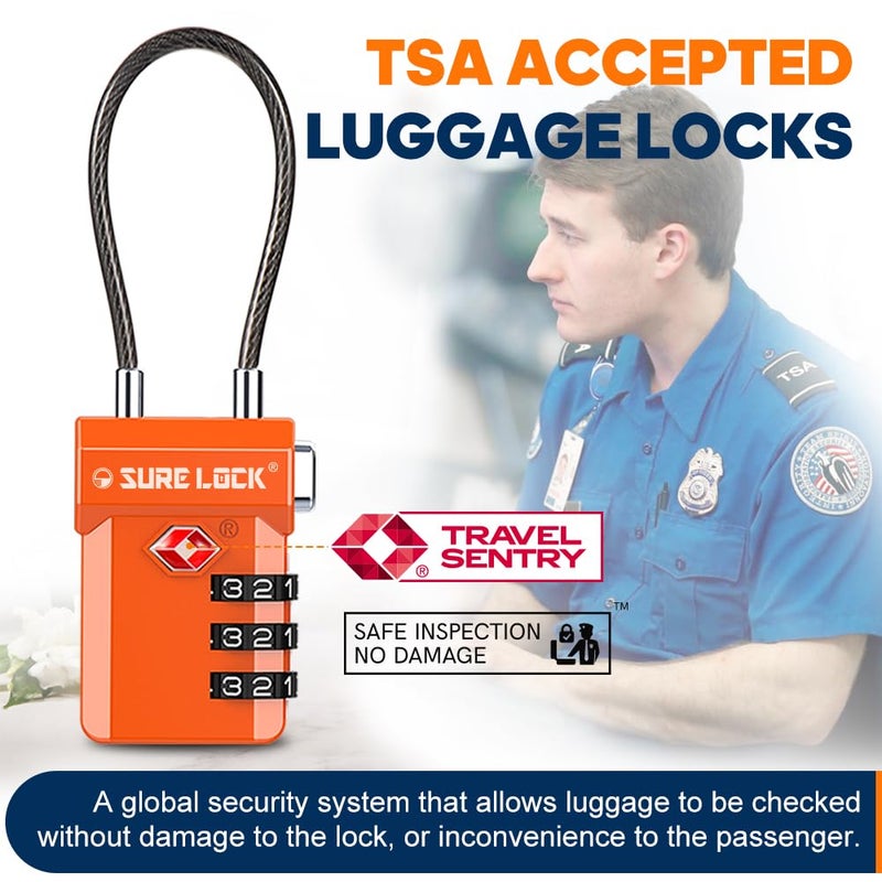 SURE LOCK TSA Approved Cable Luggage Lock â€“ TSA Locks for Luggage with Visual Inspection Indicator, Resettable 3-Digit Combination, Zinc Alloy Body for Suitcases, Backpacks, Gym Lockers(Orange 4 Pack) - Image 2